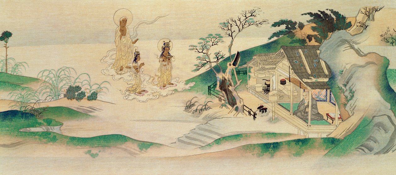 Amitayus Budda i dwaj Bodhisattwowie odwiedzający mnicha Honena (ur. 1132), ilustracja opublikowana w magazynie Tokka w marcu 1902 r. autorstwa Yoshimitsu Tosa