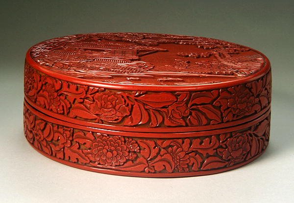 Rzeźbione okrągłe pudełko i pokrywa cynobru (lakierowane drewno) (patrz również 272181 i 272182) autorstwa Yuan Dynasty Chinese School
