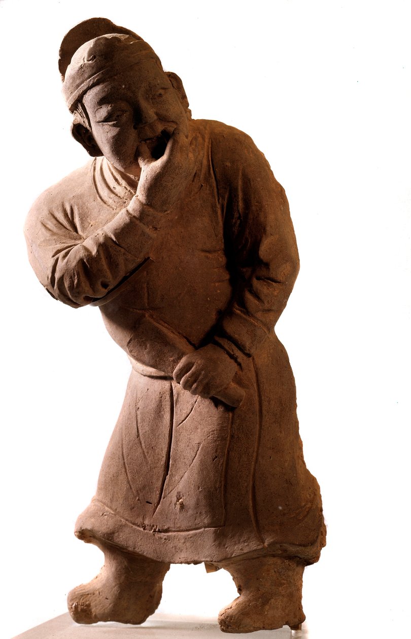 Sztuka chińska: statuetka z terakoty przedstawiająca aktora „gwizdacza”. Z Tsiao Tsouo, Honan. Dynastia Yuan (1271-1368 ne). autorstwa Yuan Dynasty Chinese School