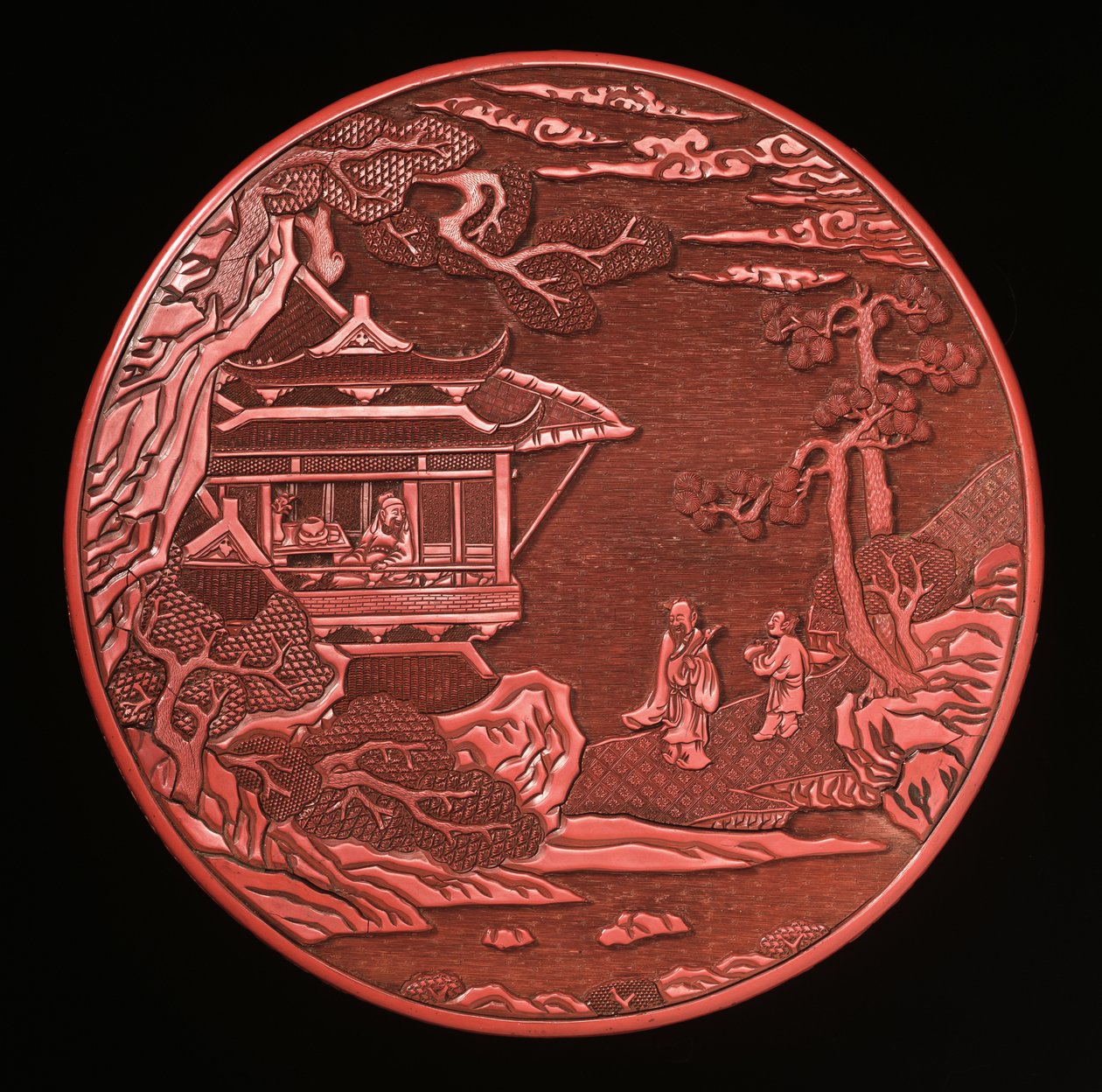 Okrągłe rzeźbione pudełko i pokrywa cynobru (lakierowane drewno) (patrz również 272180 i 272181) autorstwa Yuan Dynasty Chinese School