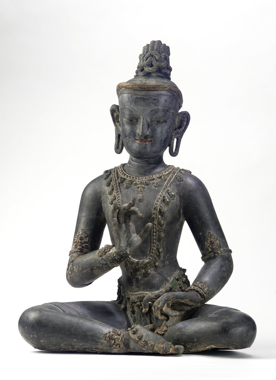 Bodhisattwa w stylu nepalsko-chińskim (lakier, tkanina, ślady niebieskiej, złotej i zielonej farby oraz złoty płatek) autorstwa Yuan Dynasty Chinese School