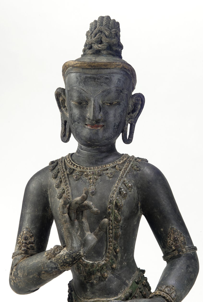 Bodhisattwa w stylu nepalsko-chińskim (lakier, tkanina, ślady niebieskiej, złotej i zielonej farby oraz złoty płatek) autorstwa Yuan Dynasty Chinese School