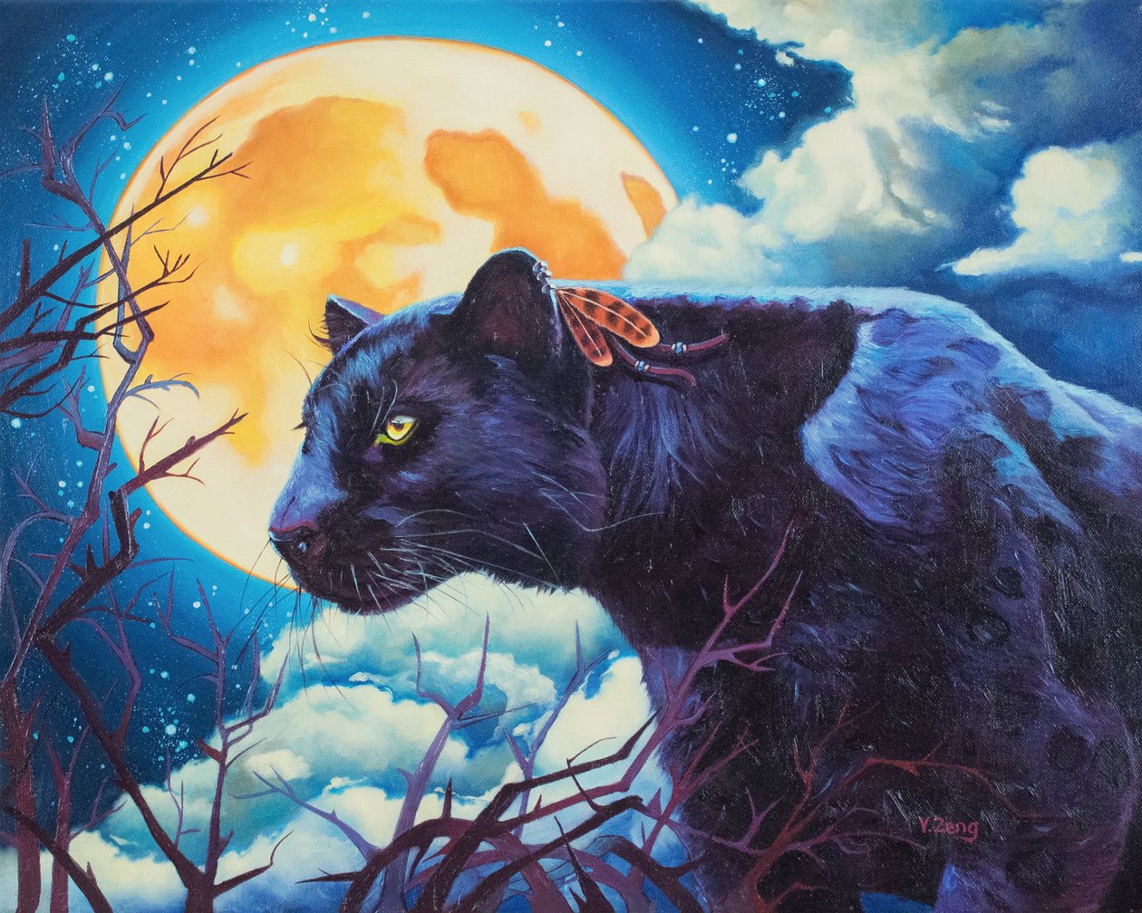 Czarna pantera Nightwatcher, 2023 (olej na płótnie) autorstwa Yue Zeng