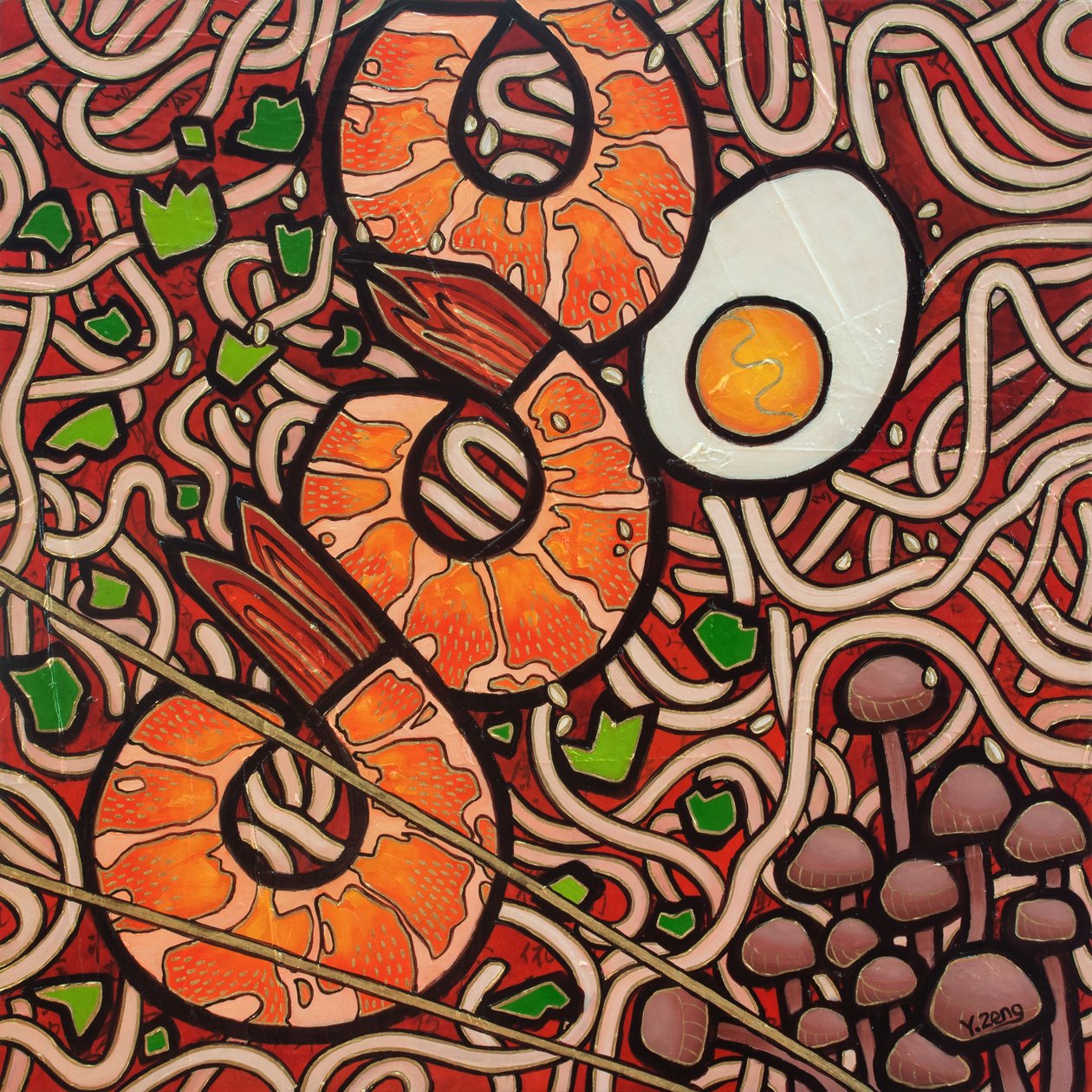 Ramen noodle Shrimp, 2023 (technika mieszana na płycie drewnianej) autorstwa Yue Zeng