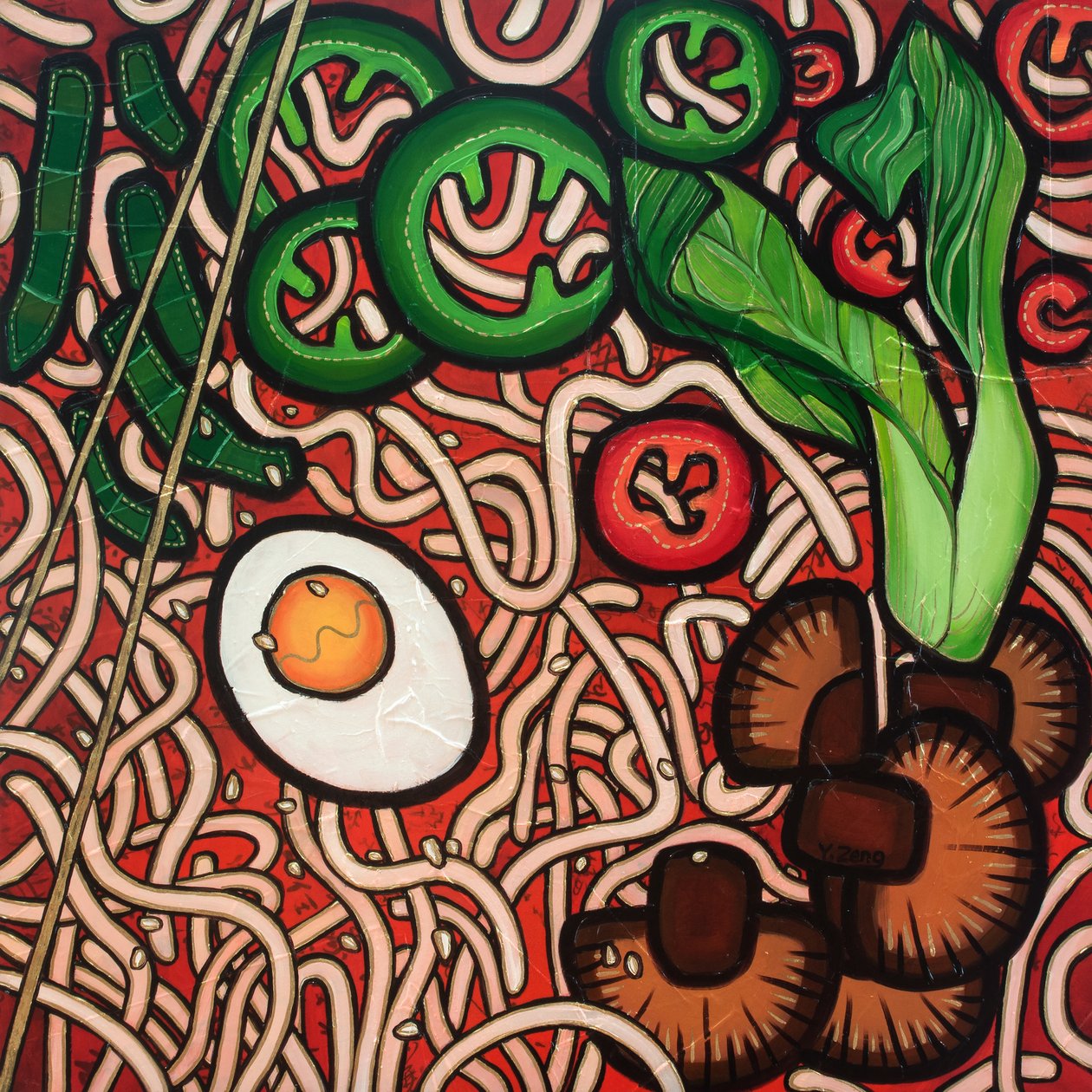 Warzywo z makaronem ramen, 2023 (technika mieszana na płycie drewnianej) autorstwa Yue Zeng