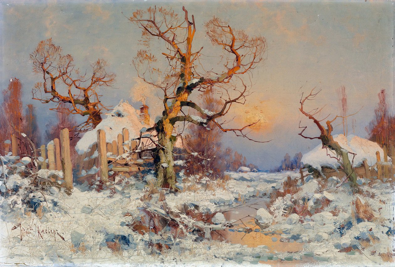 Zimowy krajobraz w wieczornym słońcu. Obraz Juliusza (Julius) von Klever (1850-1924), olej na płótnie, koniec XIX-początek XX wieku. Sztuka rosyjska, realizm. Prywatna kolekcja. autorstwa Yuly Klever