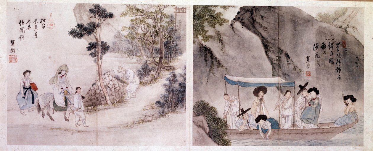 Art coreen: scena spacerów i łodzi. Ryciny Sin Yun Bok (lub Hyewon) (ur. 1758). 18 wiek. autorstwa Yun bok Sin