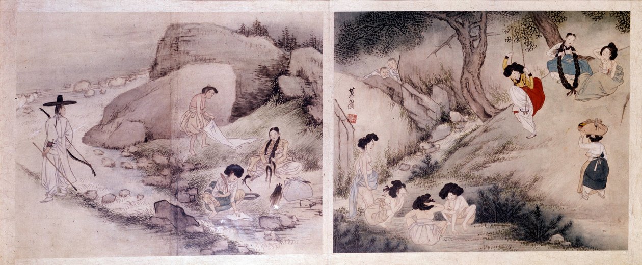 Art coreen: kobiety piorące i ubierające się oraz kobiety robiące toalety i zabawiające się. Ryciny Sin Yun Bok (lub Hyewon) (ur. 1758). Kolekcja Hyung Pil Chun autorstwa Yun bok Sin