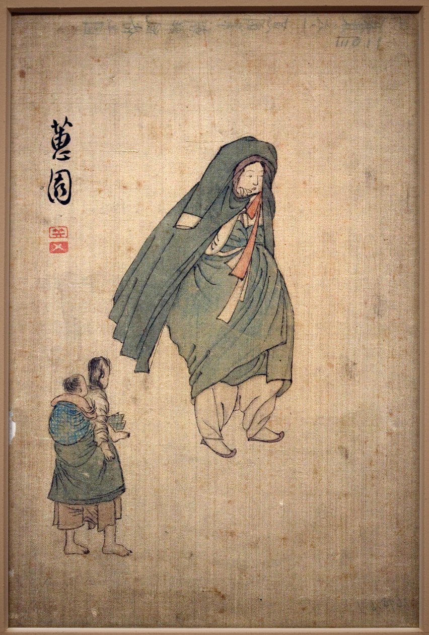 Kobieta owinięta płaszczem, przechodząca obok dwójki dzieci. Obraz Shin Yunboka (ok. 1758-1813), tusz na papierze autorstwa Yunbok Shin