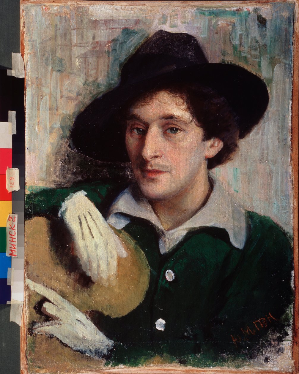Portret artysty Marca Chagalla (1887-1985). (w czarnym kapeluszu i białych rękawiczkach nonszalancko trzyma paletę). Obraz Jurija (Jehudy) Moiseyevich Pen (1854-1937), olej na płótnie, ok. 1910 r. Sztuka rosyjska, XX wiek. Narodowe Muzeum Sztuki autorstwa Yuri Moiseyevich Pen