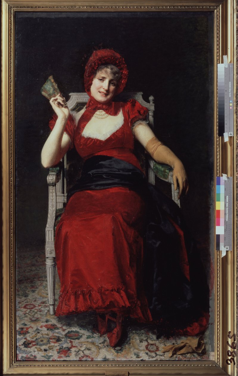 Kobieta w sukience w stylu dyrektora (Lady in a Directoire Dress). Ubrana w rękawiczkę i trzymająca wachlarz, sukienka jest koloru czerwonego, aby pasowała do jej czapki ze wstążką i butów. Obraz Jurija Jacovlevicha Lehmana (Youri Leman) (1834-1901), olej  autorstwa Yury Jacovlevich Lehman