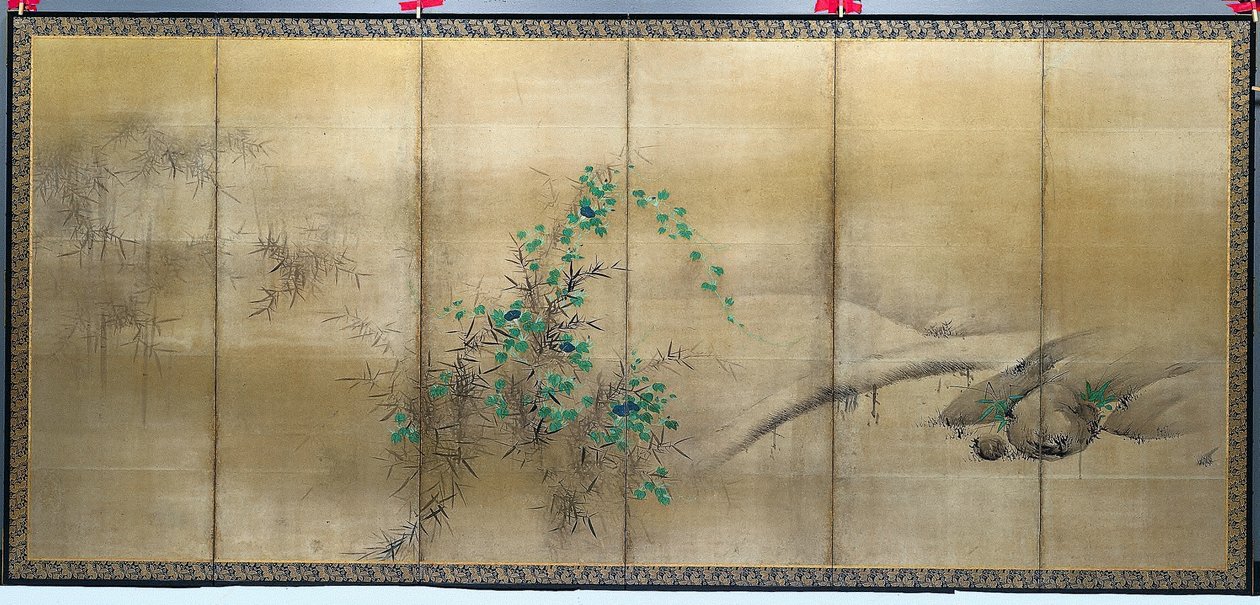 Kwiaty zimowe i letnie, Jeden z par sześciopanelowych parawanów składanych, ok. 1900 r. 1600 (atrament, kolor i złoto na papierze) autorstwa Yusho Kaiho