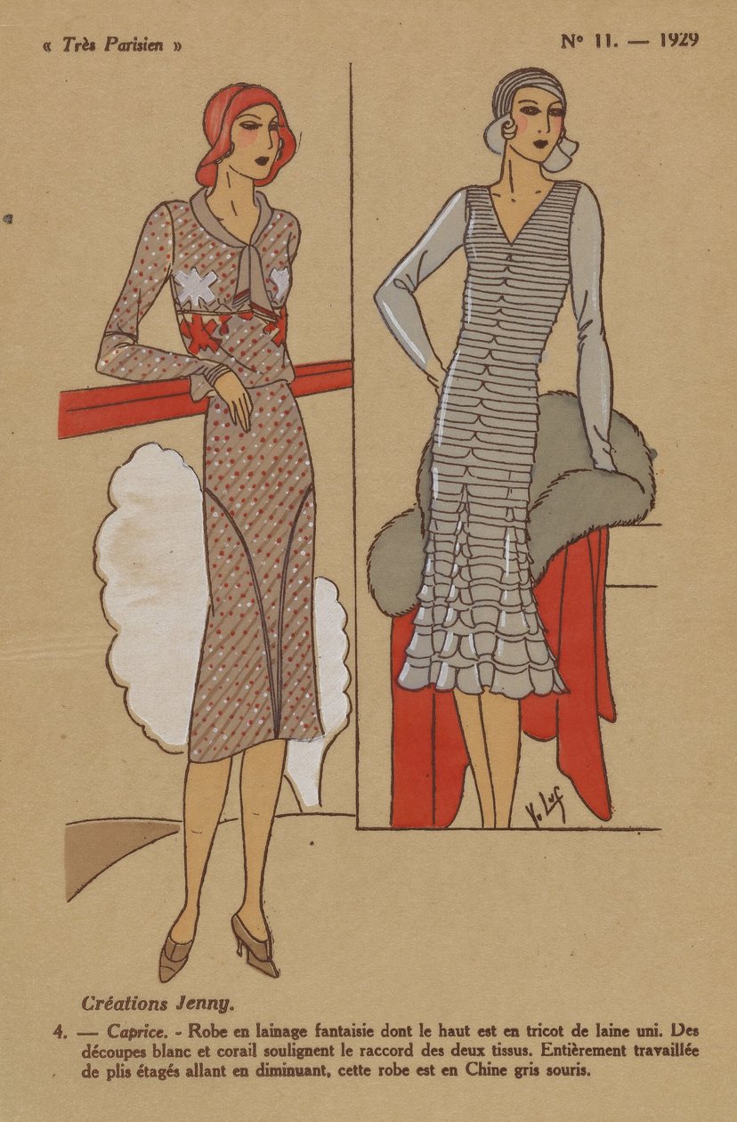 Bardzo paryski, 1929, nr 11: Kreacje Jenny. / 4. - Kaprys. - Wełniana sukienka... autorstwa Y.v. Luq
