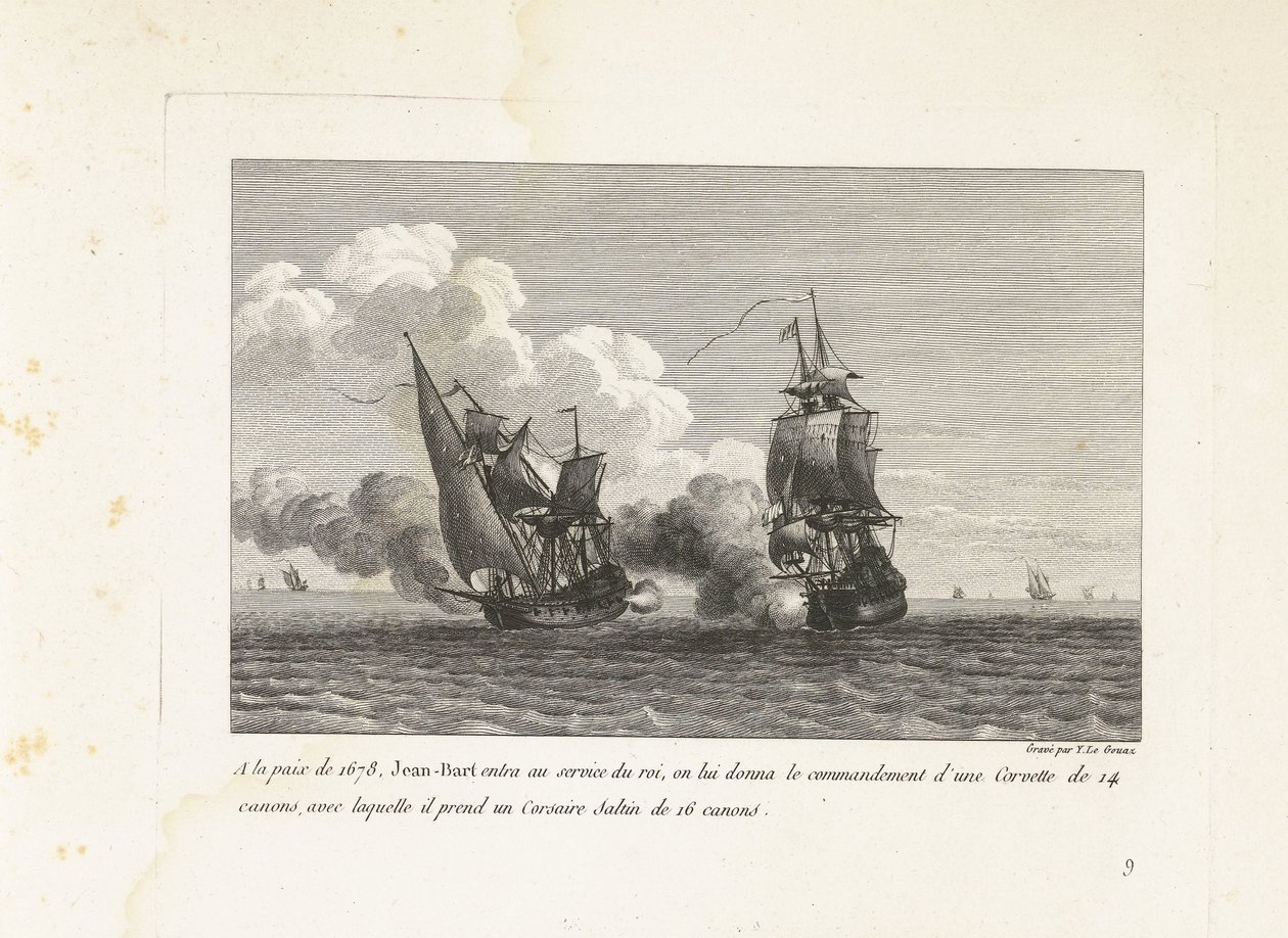 Jan Bart w dienst van de koning van Frankrijk, 1678 Po pokoju z 1678 r. Jean-Bart wszedł do służby królewskiej, otrzymał dowództwo nad 14-działową korwetą, z którą wziął 16-działową Corsair Saltin (tytuł na obiekcie) Kolekcja grzebieni autorstwa Yves Marie Le Gouaz