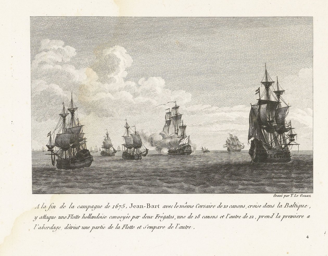 Jan Bart valt Hollandse schepen in de Baltische zee aan, 1675 Pod koniec kampanii 1675 r. Jean-Bart tym samym korsarzem z 10 działami, rejsy po Bałtyku, atakuje tam flotę holenderską (...) (tytuł na obiekcie) Kolekcja walk Jean-Bara autorstwa Yves Marie Le Gouaz
