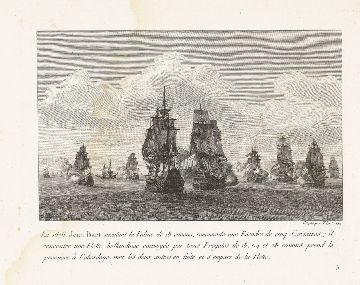 Jan Bart valt met zijn eskader een Hollandse vloot aan, 1676 W 1676 r. Jean Bart dosiadający 18-działowej Palmy dowodził szwadronem pięciu korsarzy (...) (tytuł na obiekcie) Zbiór walk Jeana-Barta, dowódcy eskadry Ludwika XIV (tytuł serii) autorstwa Yves Marie Le Gouaz