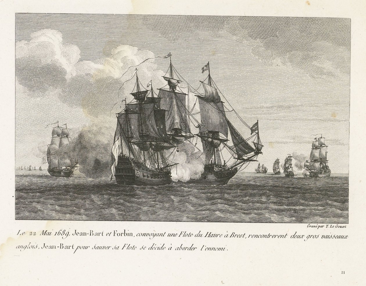 Jan Bart valt twee Engelse schepen aan, 1689 22 maja 1689 Jean-Bart i Forbin, przewożąc flotę z Le Havre do Brestu, napotkali dwa duże angielskie statki, Jean-Bart, aby uratować swoją flotę, postanawia zbliżyć się do wroga (tytuł na obiekcie) Kolekcja c autorstwa Yves Marie Le Gouaz