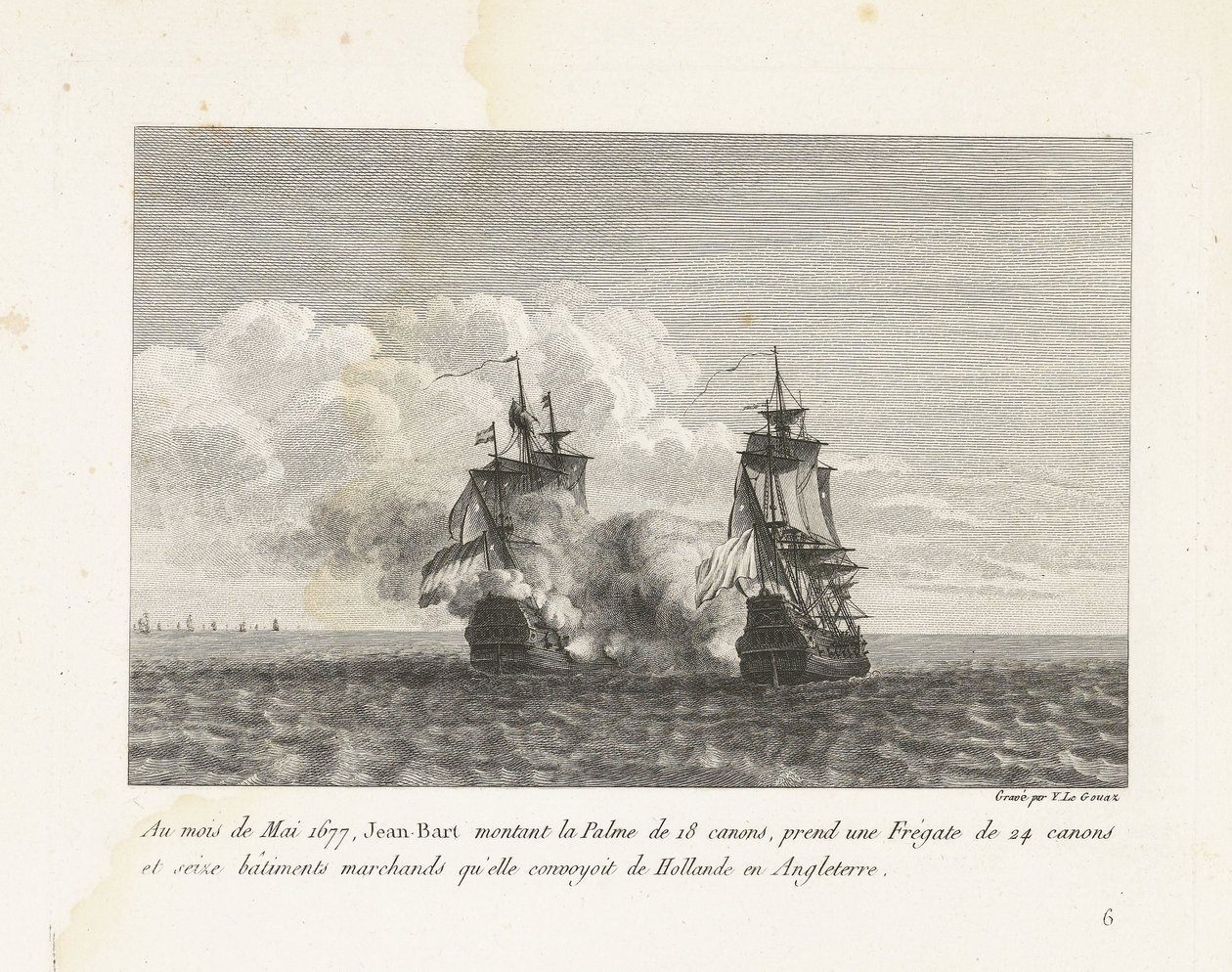Jan Bart verovert een Hollands fregat, 1677 W maju 1677 Jean-Bart wsiadł na 18-działową Palme, wziął 24-działową fregatę i szesnaście statków handlowych, które konwojował z Holandii do Anglii (tytuł na obiekcie) Kolekcja walk Jei autorstwa Yves Marie Le Gouaz