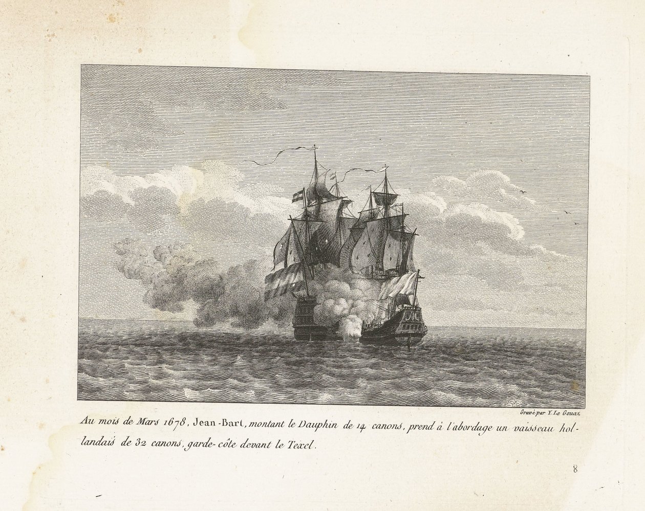 Jan Bart verovert een Hollands fregat, 1678 W marcu 1678 Jean-Bart, dosiadając 14-działowego Dauphina, wszedł na pokład 32-działowego holenderskiego statku, straży przybrzeżnej przed Texel (tytuł na obiekcie) Zbiór walk Jean-Bart, szefa Es autorstwa Yves Marie Le Gouaz