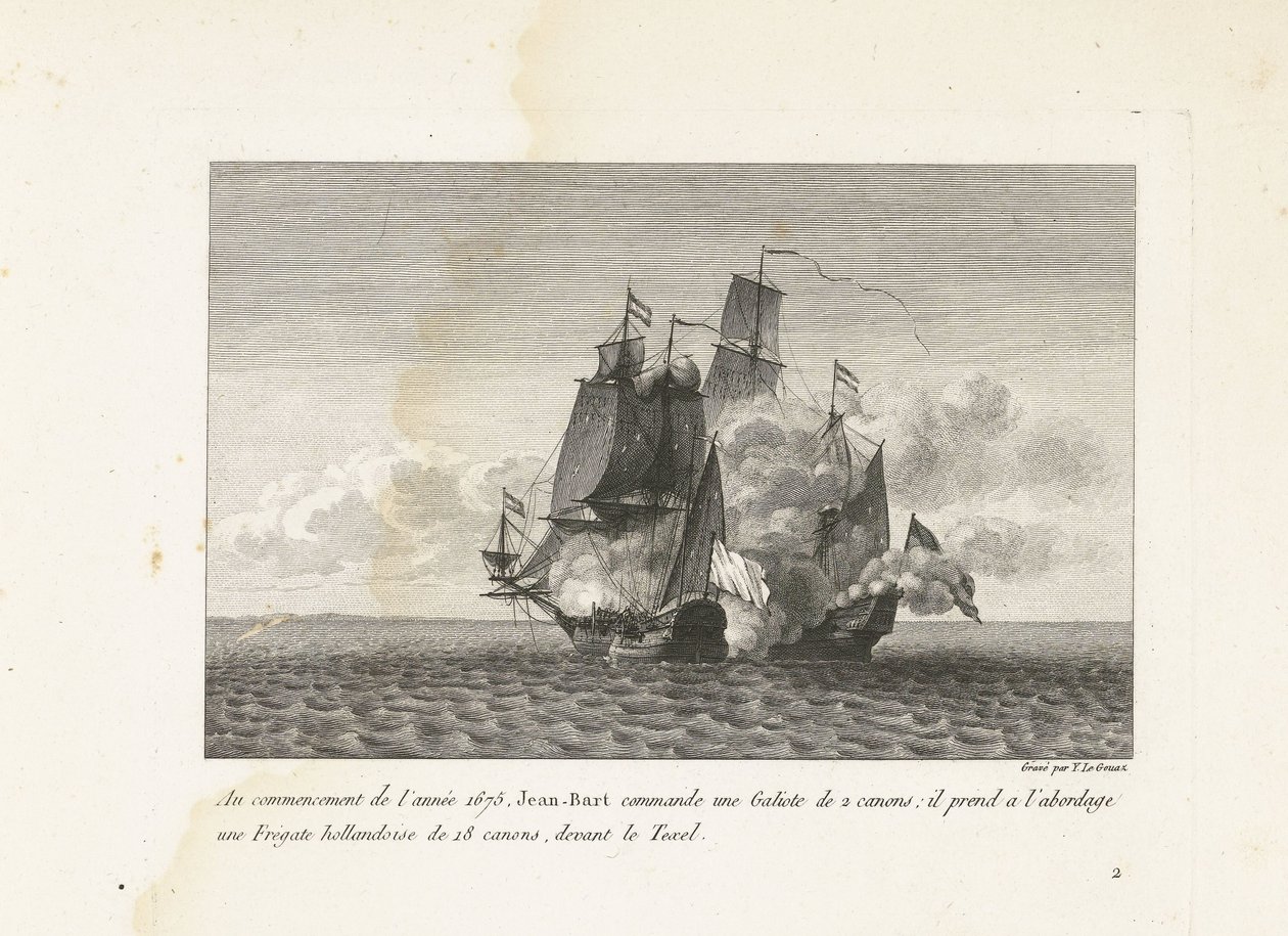 Jan Bart verovert een Hollands fregat bij Texel, 1675 Na początku 1675 r. Jean-Bart dowodzi Galiote z 2 działami: wszedł na pokład holenderskiej fregaty z 18 działami, przed Texel (tytuł na obiekcie) Kolekcja walk Jean-B autorstwa Yves Marie Le Gouaz