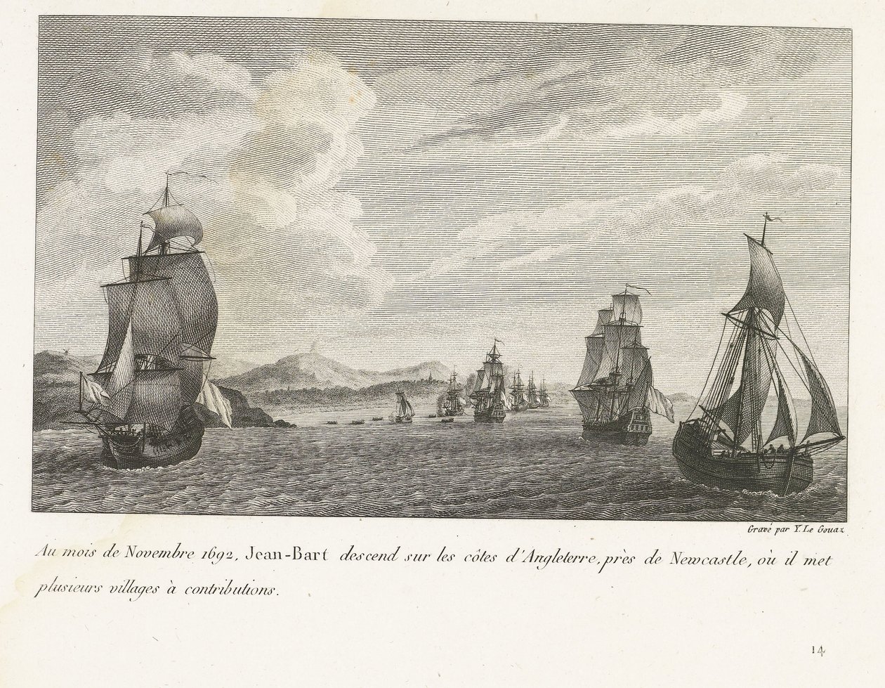 Jan Bart voor de Engelse Kust bij Newcastle, 1692 W listopadzie 1692 Jean-Bart schodzi na wybrzeża Anglii, niedaleko Newcastle, gdzie wkłada kilka wiosek do kontrybucji (tytuł na obiekcie) Kompilacja walk Jean-Barta, szefa skrzydła so autorstwa Yves Marie Le Gouaz
