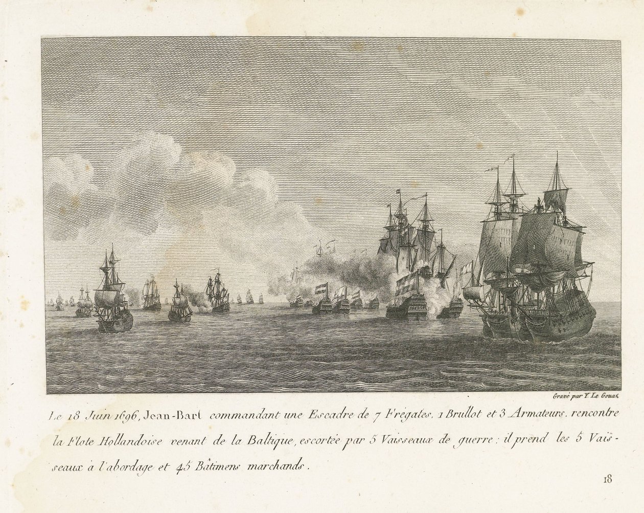 Treffen tussen een vloot onder Jan Bart en een Hollandse vloot, 1696 18 czerwca 1696 r. Jean-Bart dowodzący eskadrą 7 fregat (...) spotyka flotę holenderską znad Bałtyku (tytuł na obiekcie) Zbiór walk Jean-Bart, szefa Esc autorstwa Yves Marie Le Gouaz