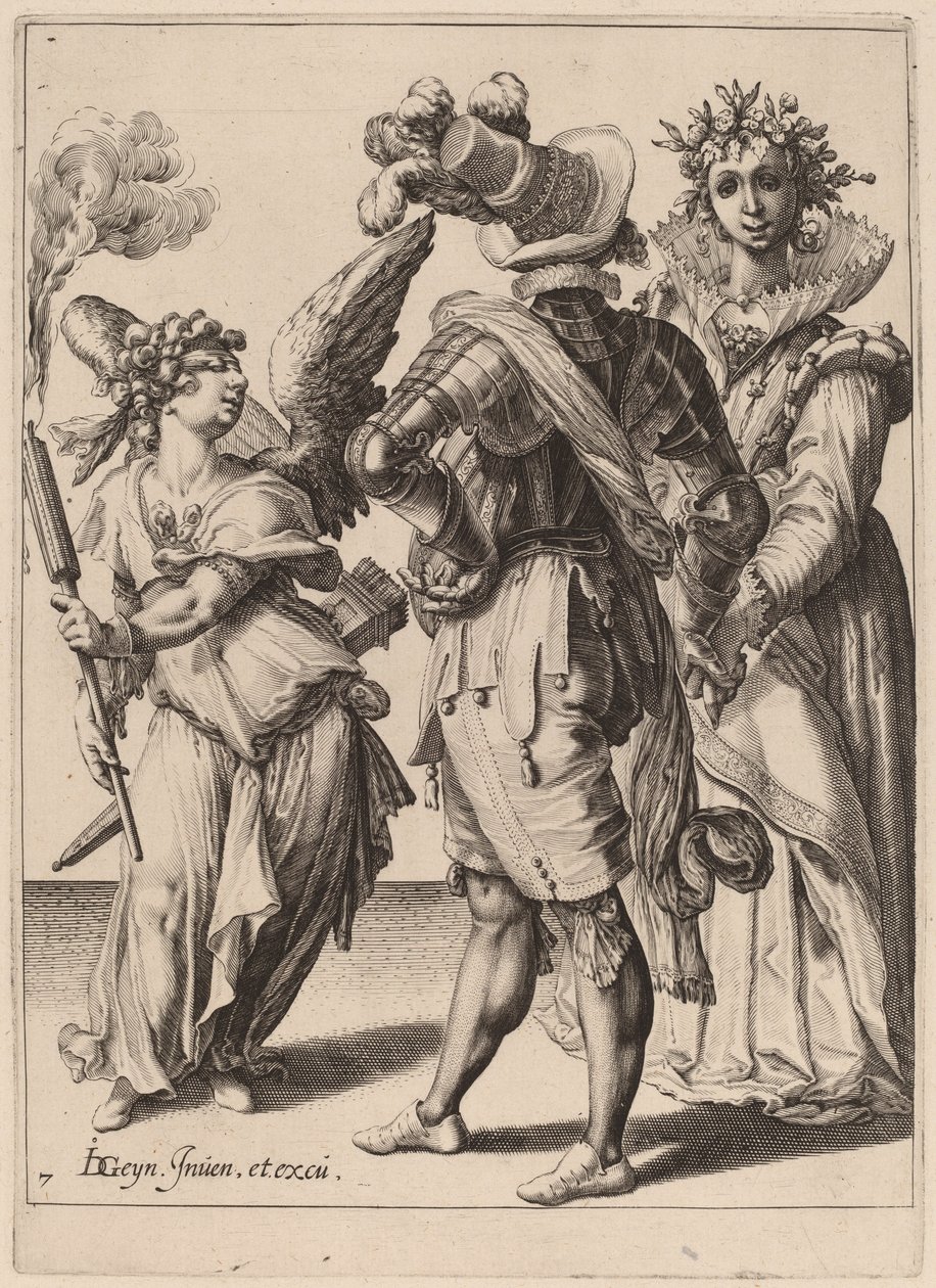 Kupidyn z zawiązanymi oczami trzymający pochodnię przed parą autorstwa Zacharias Dolendo after Jacques de Gheyn II