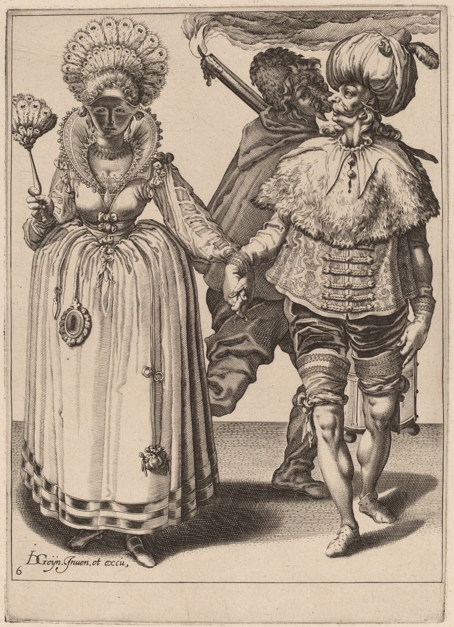 Mężczyzna w turbanie prowadzący kobietę w pawich piórach autorstwa Zacharias Dolendo after Jacques de Gheyn II