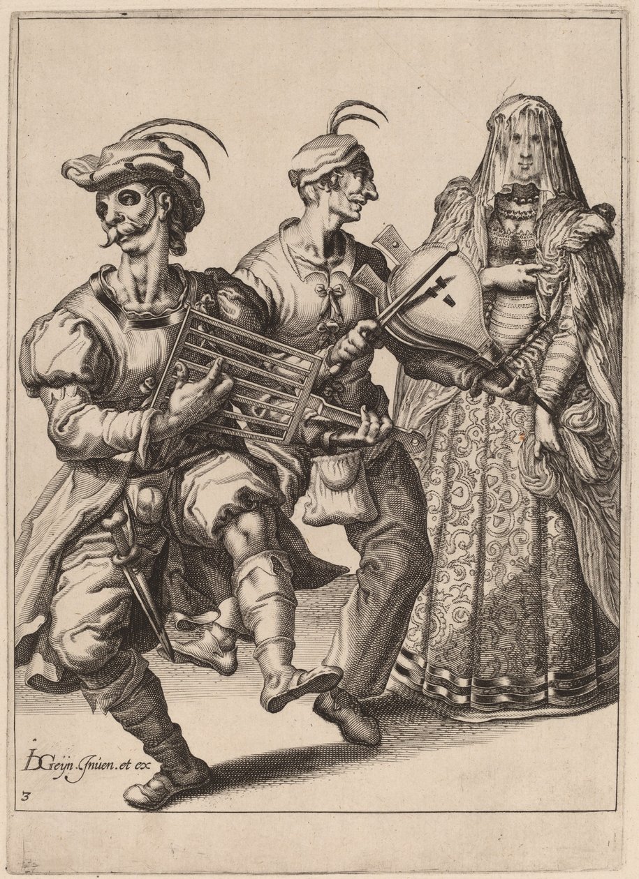 Kobieta w welonie z dwoma muzykami grającymi na ruszcie i miechu autorstwa Zacharias Dolendo after Jacques de Gheyn II