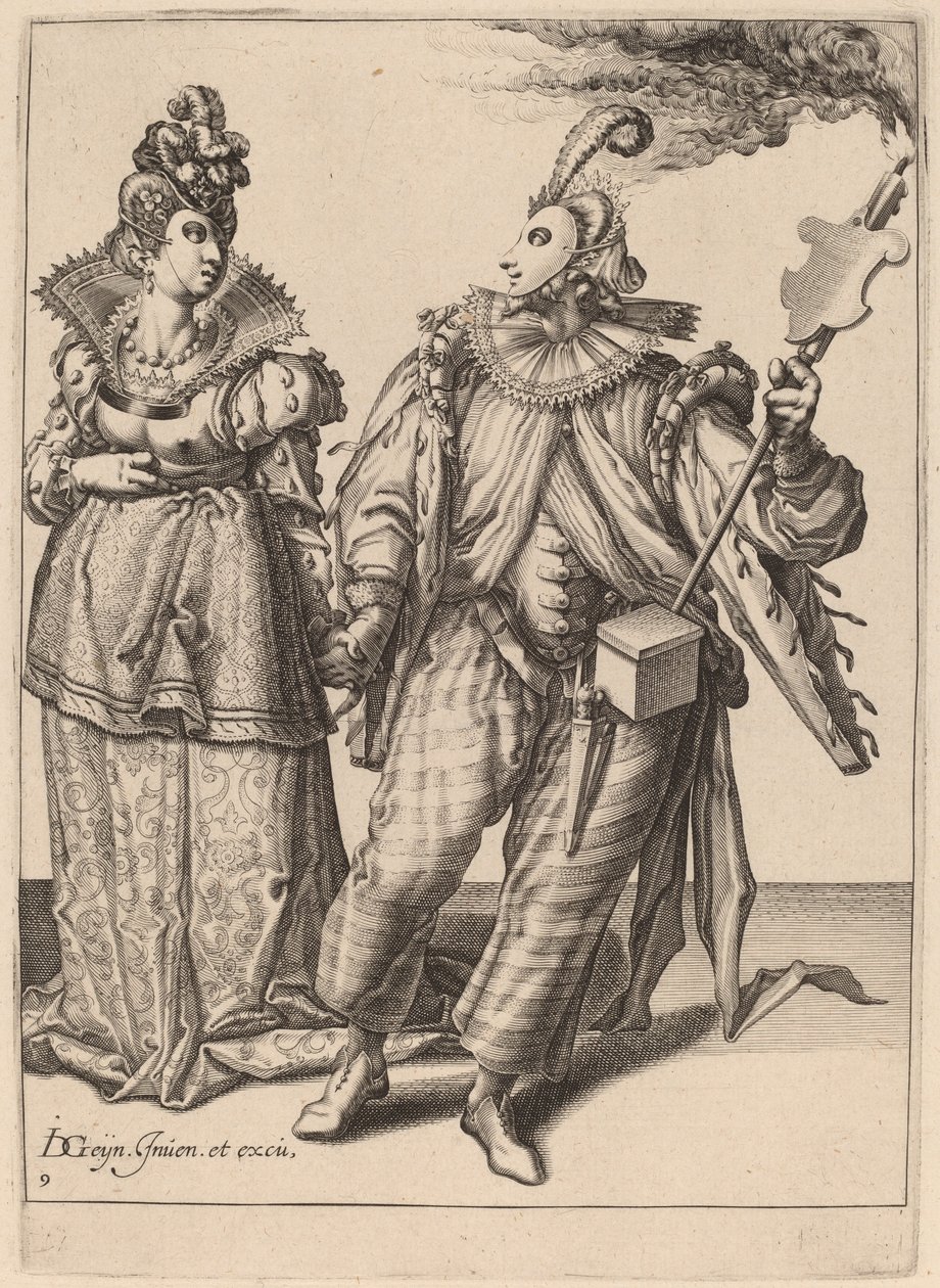 Kobieta prowadzona przez gracza trzymającego pochodnię autorstwa Zacharias Dolendo after Jacques de Gheyn II