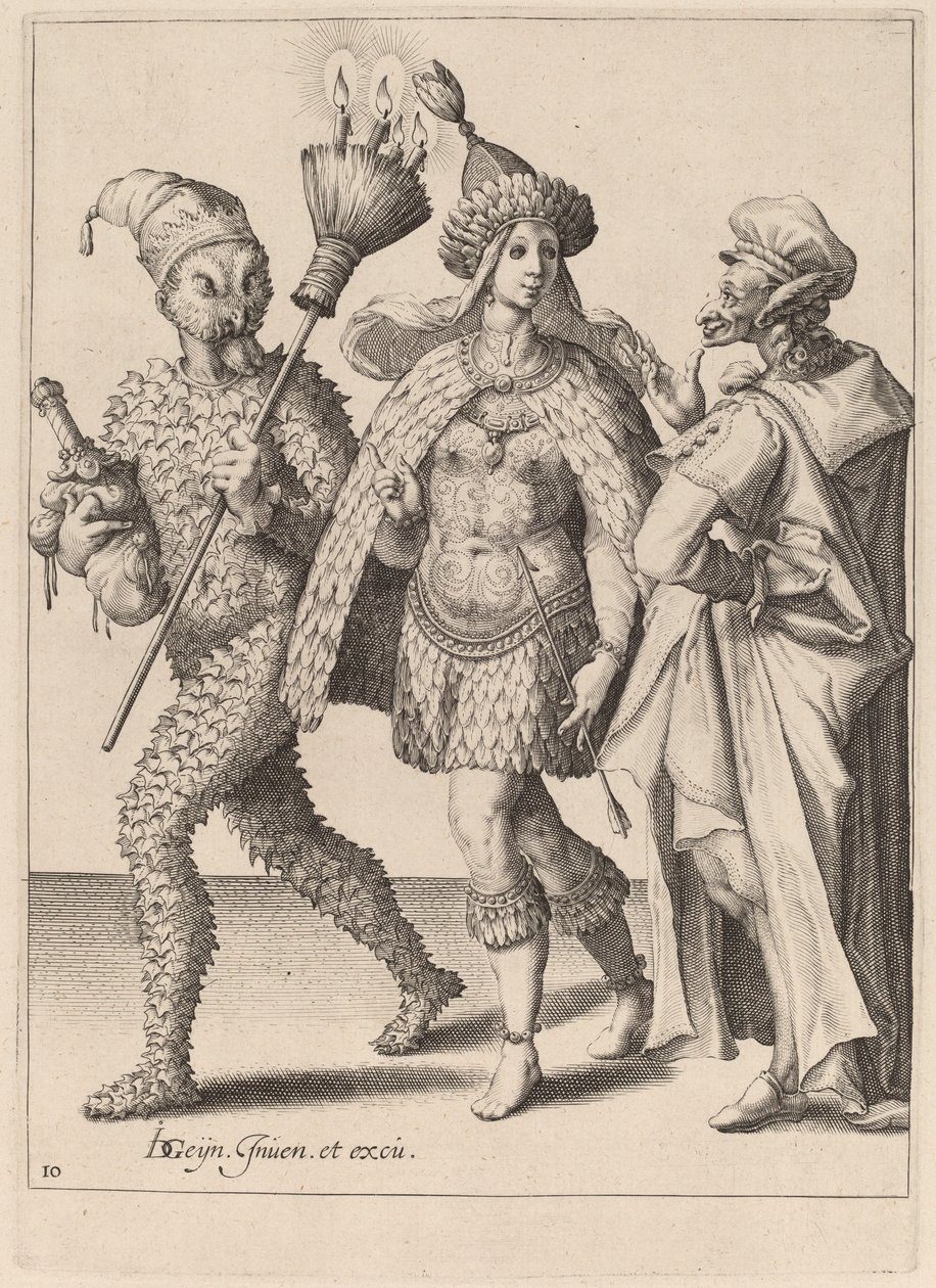 Stary komediant przemawiający do pary ubranej w pióra autorstwa Zacharias Dolendo after Jacques de Gheyn II