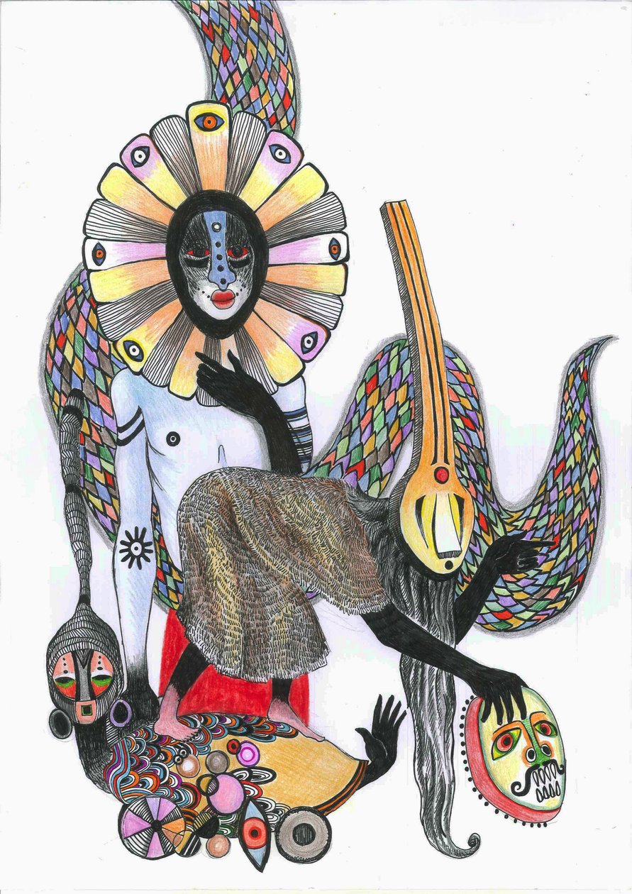 Taniec masek, 2012 (pióro, tusz i kredki na papierze) autorstwa Zanara Sabina Nedelcheva Williams