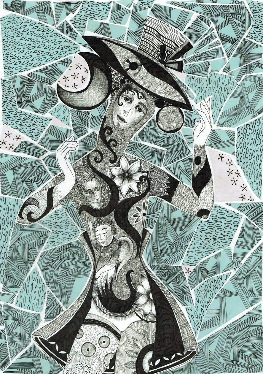 Nastrój, 2017 (tusz, kolaż na papierze) autorstwa Sabina Nedelcheva Williams
