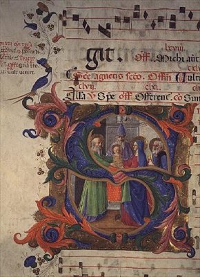 Mszał 515 f.28v Historyczny inicjał S przedstawiający Ofiarowanie w świątyni, 1448-49 autorstwa Zanobi di Benedetto Strozzi
