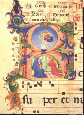 Mszał 515 f.42r Historyczny inicjał R przedstawiający Zwiastowanie, 1448-49 autorstwa Zanobi di Benedetto Strozzi