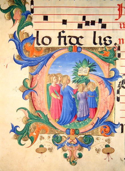 Mszał 515 f.144v Historyczny inicjał „G” przedstawiający wiernych wchodzących do Raju (welum) autorstwa Zanobi di Benedetto Strozzi