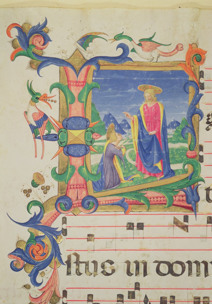 Mszał 515 f.72v Historyczny inicjał "L" przedstawiający Chrystusa ukazującego się Marii Magdalenie, obramowanie iluminowane przez Filippo di Matteo Torelli (1409-68) z księgi chórów wykonanej przed 1449 r. (dla de autorstwa Zanobi di Benedetto Strozzi