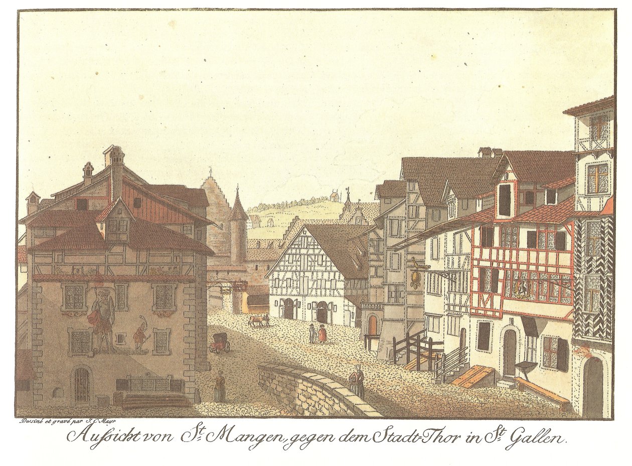 Widok z St. Mangen w kierunku bramy miejskiej w St. Gallen (tytuł oryginalny) autorstwa Zeichner und Kupferstecher