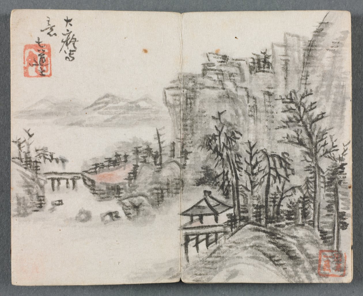Album miniatur z postaciami i krajobrazem (Krajobraz klifu z mostem) autorstwa Zeng Yandong