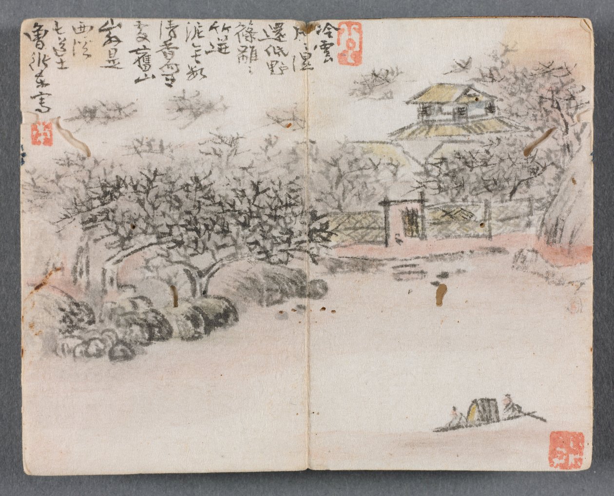 Album miniatur z postaciami i krajobrazem (pejzaż z dwoma wioślarzami) autorstwa Zeng Yandong