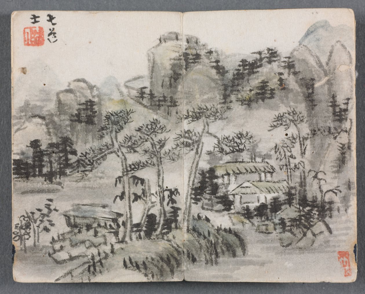 Album miniatur z postaciami i krajobrazem (pejzaż z dwoma budynkami) autorstwa Zeng Yandong