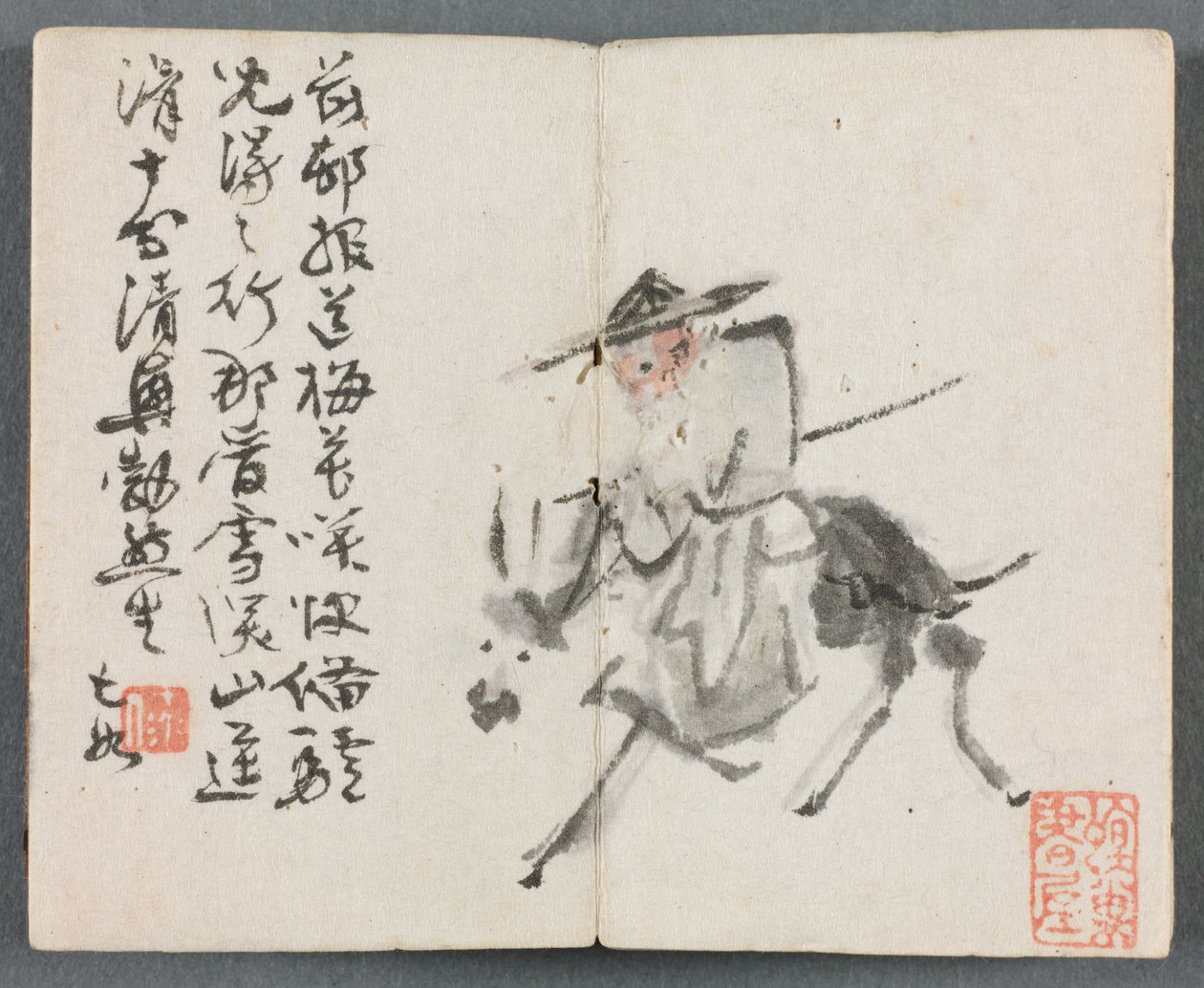 Album miniatur z postaciami i pejzażem Stary człowiek na osiołku, 1822 r. autorstwa Zeng Yangdong