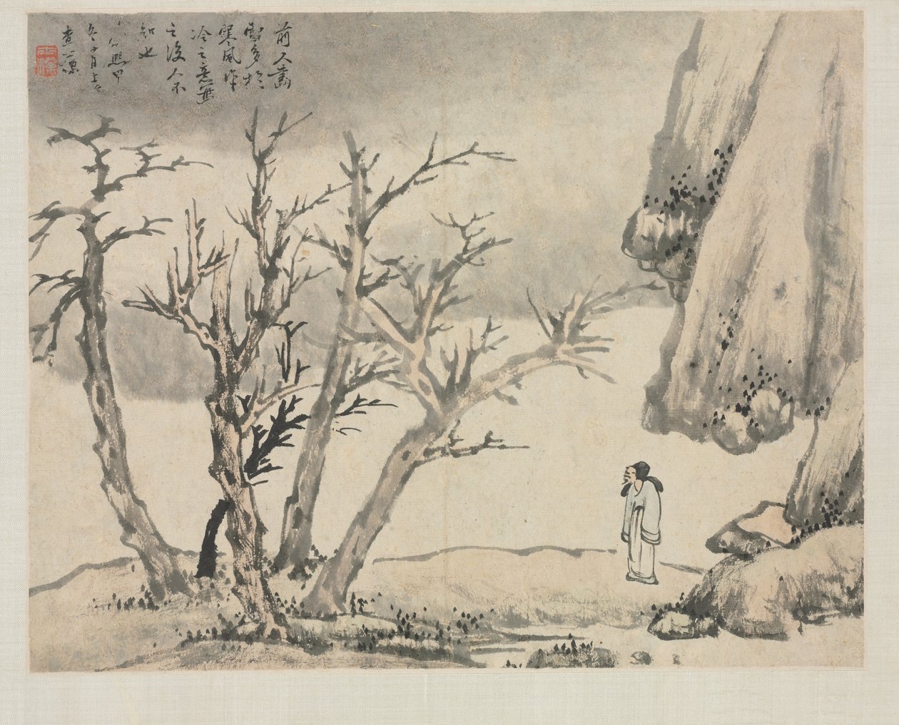 Album z pejzażami w różnych stylach: Śnieżny krajobraz, 1684. autorstwa Zha Shibiao