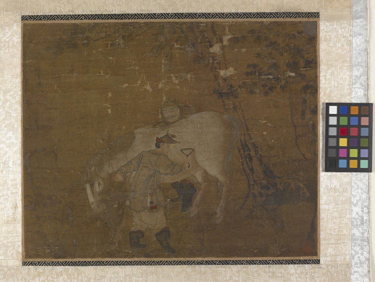 Noivos Penteando Cavalo Branco (cores sobre seda) polimento autorstwa Zhao Mengfu Chao Meng Fu or
