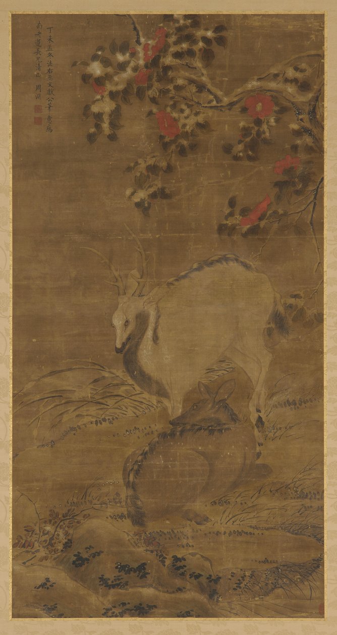 Jeleń, łania i czerwone kamelie w śniegu, 1367. autorstwa Zhou Yuan