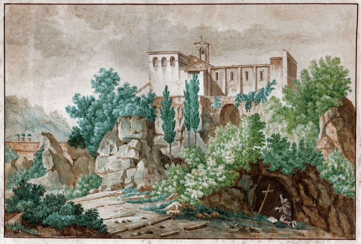 Klasztor we Włoszech. Pelerin wielbiący krzyż Jezusa Chrystusa w jaskini. ok. 1850 (Akwarela) autorstwa . .