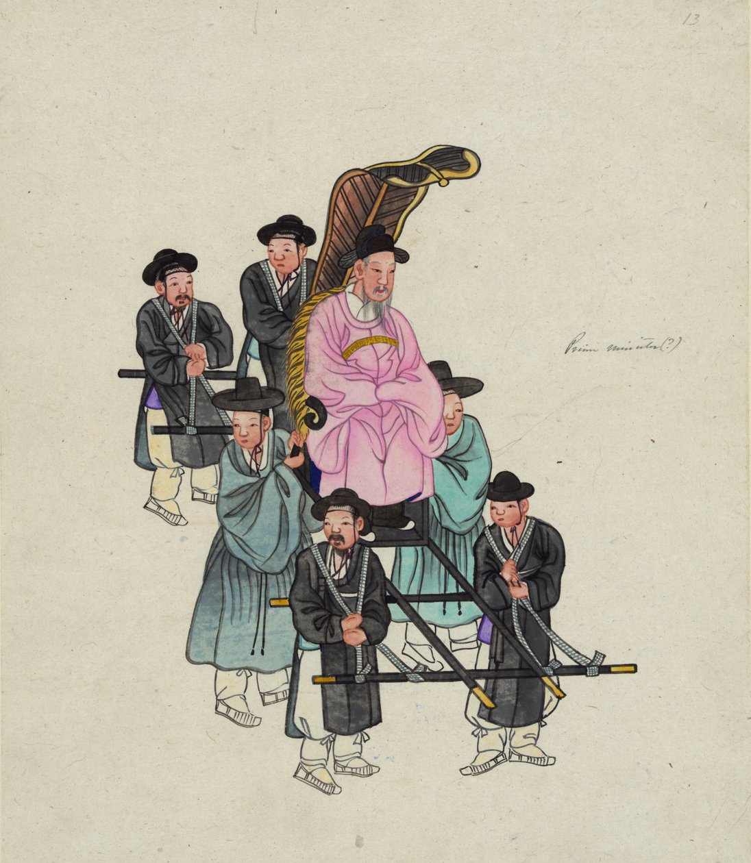 Wysoki rangą urzędnik koreański, prawdopodobnie premier, noszony w wymyślnym fotelu Sedan, ok. 1930 r. 1890 (akwarela) autorstwa . .