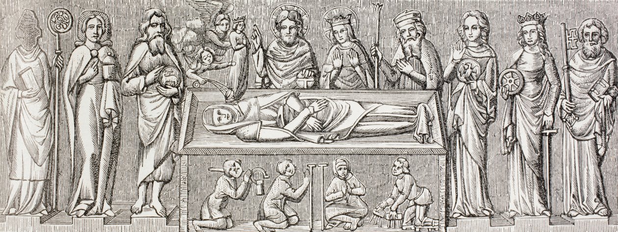 Po płaskorzeźbie na grobie księżnej Elżbiety Węgierskiej (1207 - 1231), katolickiej świętej, z "Życia wojskowego i religijnego w średniowieczu" Paula Lacroix opublikowanego w Londynie około 1880 roku autorstwa Ferdinand Georg Waldmuller