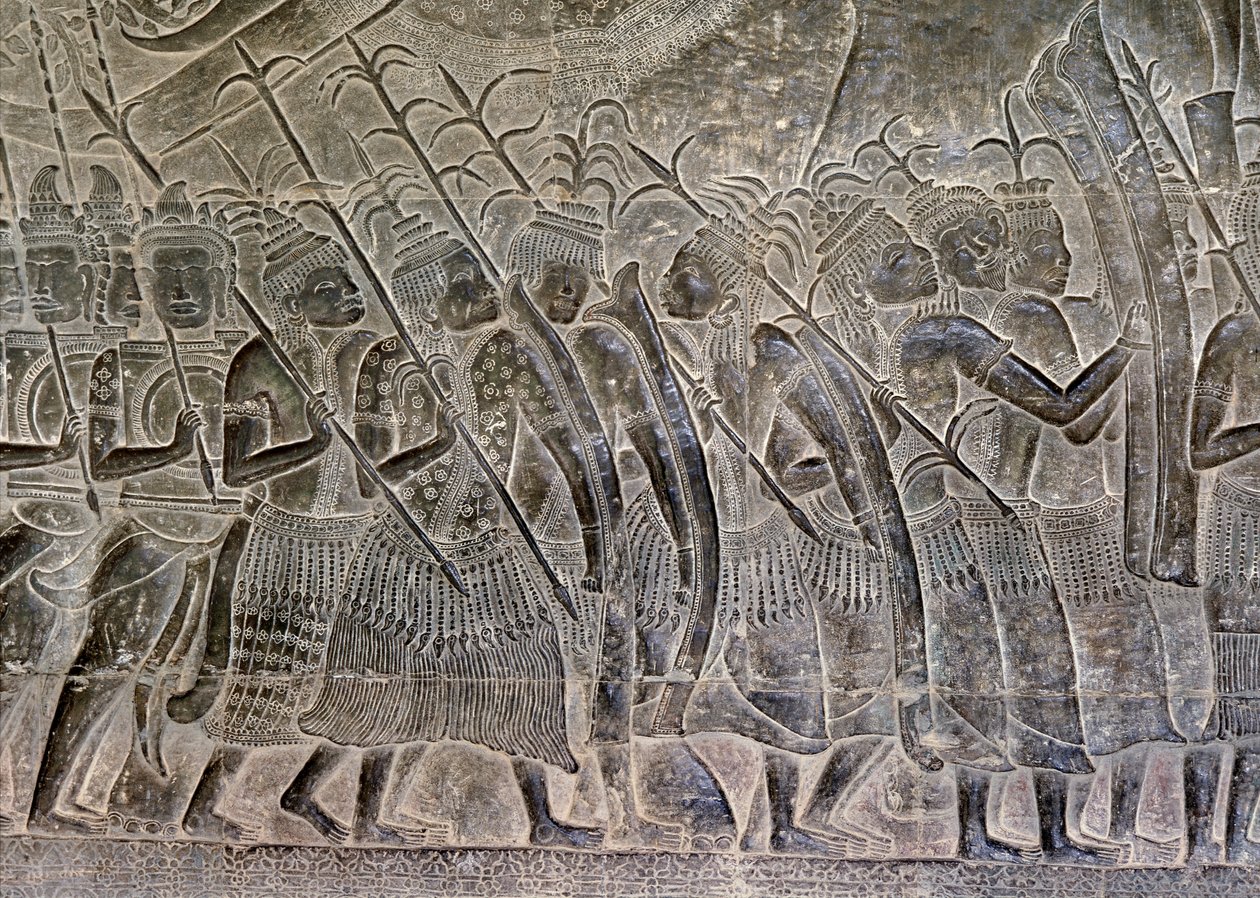 Angkor Wat, Angkor, Kambodża Początek XII wieku z późniejszymi dodatkami. Ten szczegół płaskorzeźb w galerii przedstawia ludność Tajlandii maszerującą jako sojusznik armii Khmerów autorstwa Hippolyte Lalaise Devéria