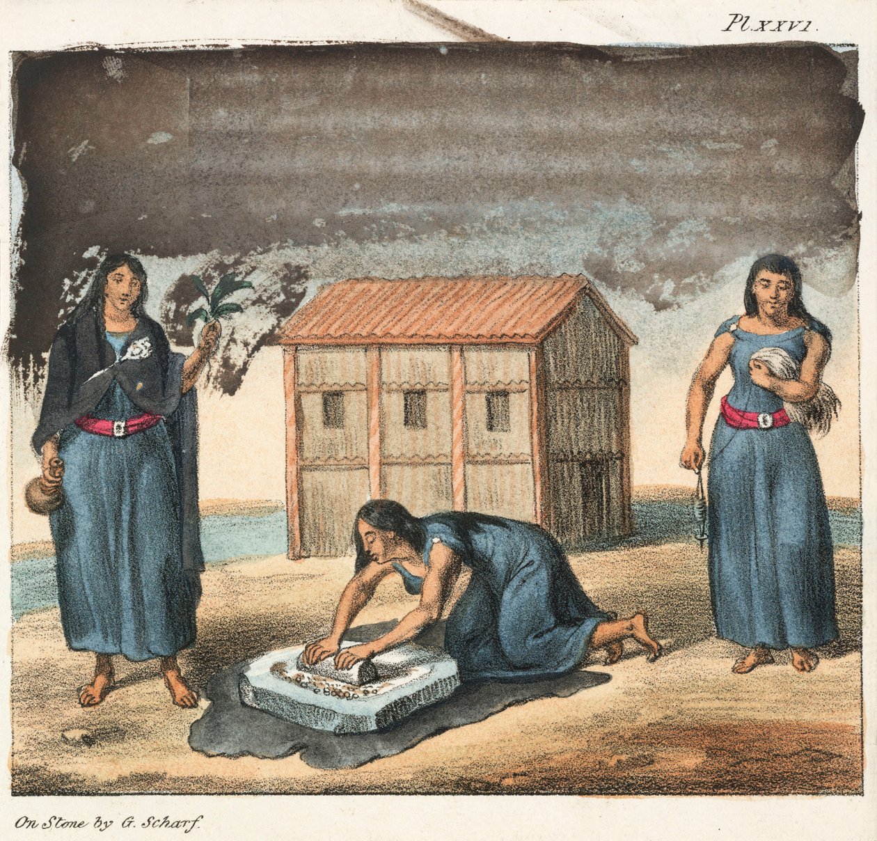 Indianki Araucano mielące kukurydzę i przędące, Chile autorstwa Frederick (attr. to) Barnard